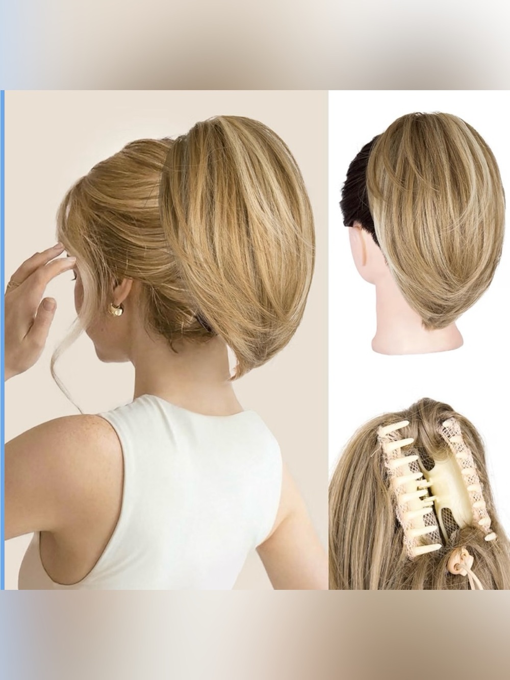 Clip In 10” Short Ponytail Hair Extension - Dark Blonde W/Beige Blonde Hi-Lites